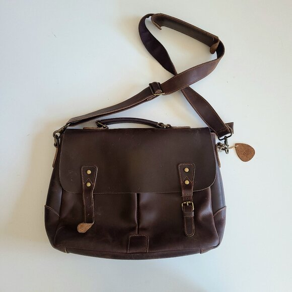 Vintage unisex brown leather brief case/document/laptop bag with long strap. - Picture 1 of 10